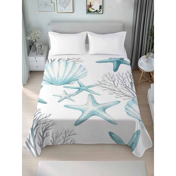 King Flat Sheets 1-Piece Bed Top Sheet Only,Watercolor Ocean Coral Starfish Soft Microfiber Breathable Flat Sheet,Summer Marine Shell Luxury Hotel Quality Bedding Top Sheet