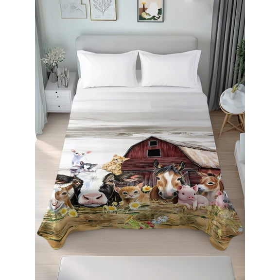 King Flat&nbsp;Sheet&nbsp;Only Animal Pig Cow Farm Barn Soft&nbsp;Microfiber&nbsp;Cooling&nbsp;Bedding&nbsp;Sheets Retro Fence Country Wheat Harvest Flat&nbsp;Bed&nbsp;Sheet