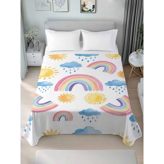 King Flat&nbsp;Sheet&nbsp;Only Cartoon Rainbow Cloud Sun Soft&nbsp;Microfiber&nbsp;Cooling&nbsp;Bedding&nbsp;Sheets Modern Abstract Style Flat&nbsp;Bed&nbsp;Sheet