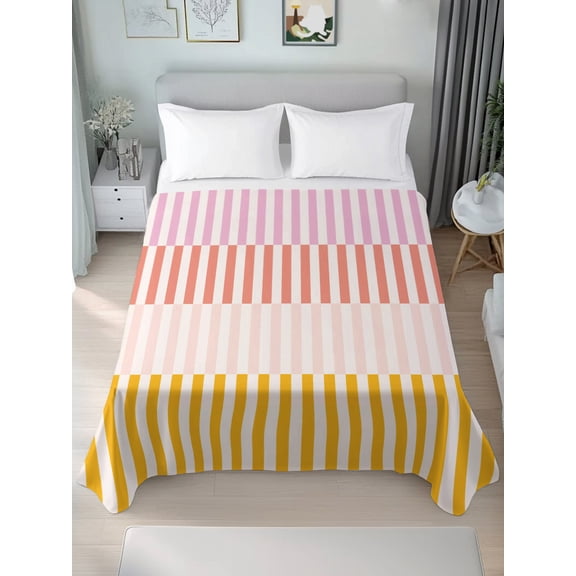 King Flat Sheet Only Classic Pink Red Orange Pinstripes Soft Microfiber Cooling Bedding Sheets Modern Abstract Art Flat Bed Sheet