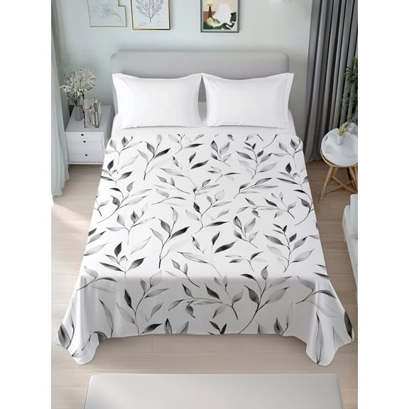 King Flat Sheet Only Country Grey Leaves Seamless Soft Microfiber Cooling Bedding Sheets Retro Leaf on White Flat Bed Sheet