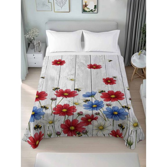 King Flat&nbsp;Sheet&nbsp;Only Independence Day Blue Red Flowers Soft&nbsp;Microfiber&nbsp;Cooling&nbsp;Bedding&nbsp;Sheets Daisy Bees Flat&nbsp;Bed&nbsp;Sheet