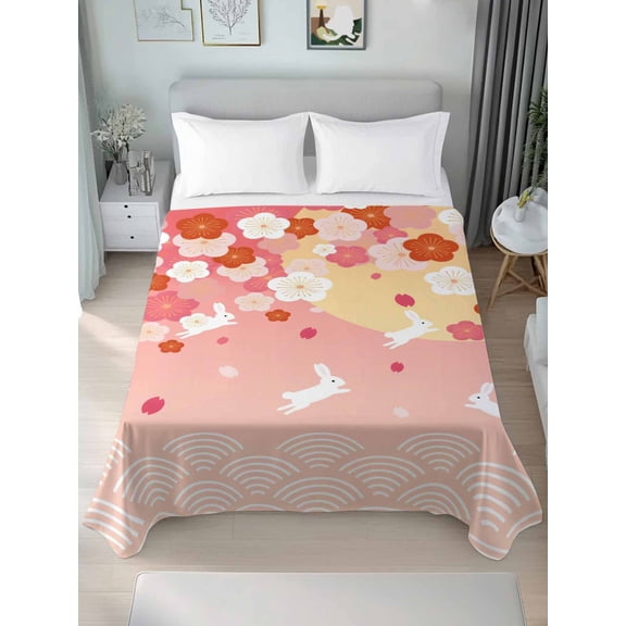 King Flat Sheet Only Japanese Style Rabbit Soft Microfiber Cooling Bedding Sheets Wave Pattern Cherry Blossom Flat Bed Sheet