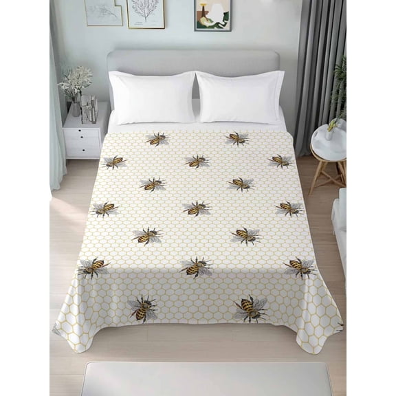 King Flat Sheet Only Pastoral Farm Bee Honeycomb Soft Microfiber Cooling Bedding Sheets Rustic Abstract Hexagon Flat Bed Sheet