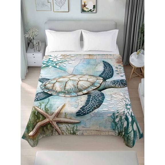 King Flat&nbsp;Sheet&nbsp;Only Sea Turtle Ocean Starfish Coral Soft&nbsp;Microfiber&nbsp;Cooling&nbsp;Bedding&nbsp;Sheets Vintage Map Blue Ocean World Flat&nbsp;Bed&nbsp;Sheet