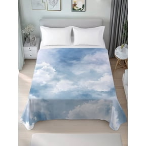 King Flat Sheet Only Watercolor White Cloud Soft Microfiber Cooling Bedding Sheets Pastoral Sky Scenery Flat Bed Sheet for Hotel Home Decor