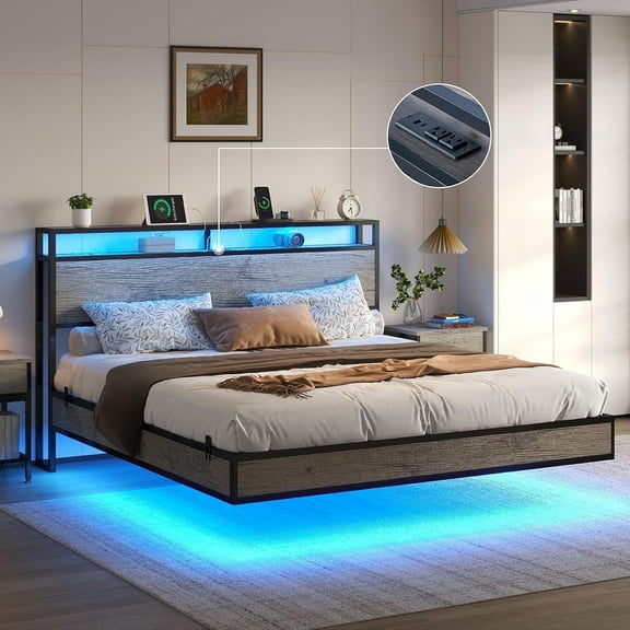 VanAcc King Float Bed Frame with LED Lights and Charger, RGB Smart Storage Headboard, Platform Bed with USB Charger & Cord, Grey