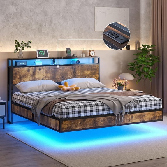 VanAcc King Float Bed Frame with LED Lights and Charger, RGB Smart Storage Headboard, Platform Bed with USB Charger & Cord, RusticBrown