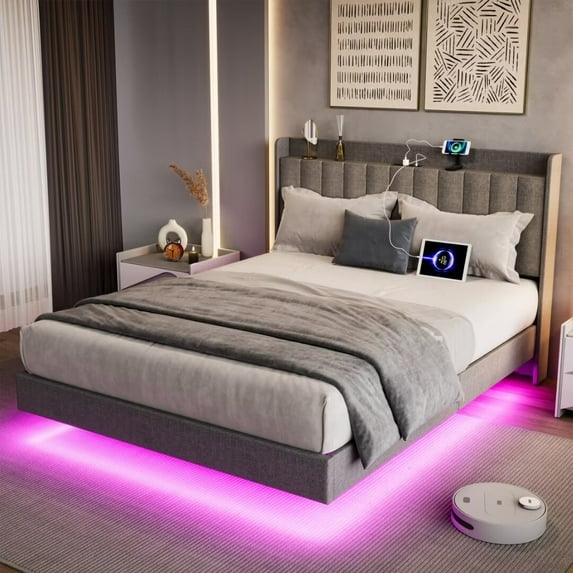 King Floating Bed Frame with Charging Station, Upholstered Platform Bed Frame with LED Lights & Storage Headboard, No Box Spring Needed, Wood Slats Support, Gray