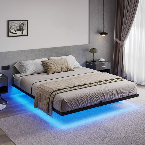King Floating Bed Frame King Size Metal Platform Bed with LED Lights for Bedroom, No Box Spring Needed, Black