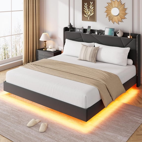King Floating Bed Frame with LED Lights & Charging Station, Upholstered Platform Beds with Storage Headboard & Folding Shelves Storage, Metal Slats Support, No Box Spring Needed, Black