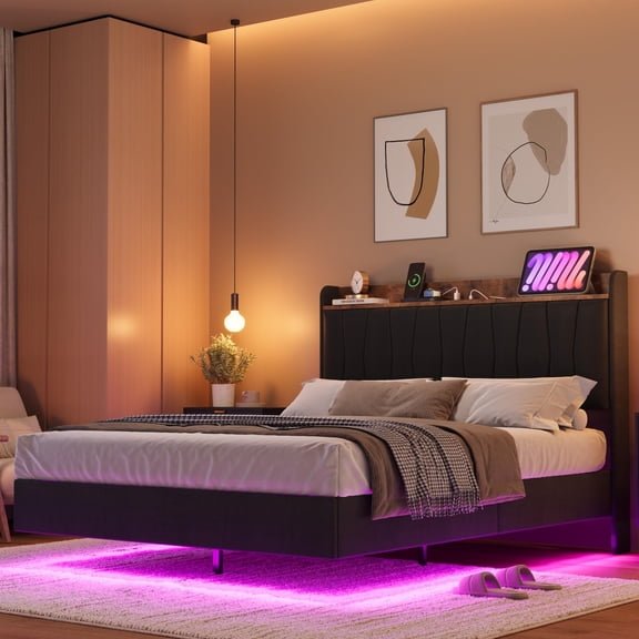 King Floating Bed Frame with LED Lights, Charging Station & Upholstered Storage Headboard