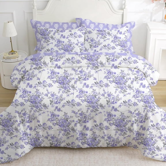 King Floral Comforter Set with Sheets, 7-Piece Luxury Vintage Microfiber Bedding, Lavender Flower Grey