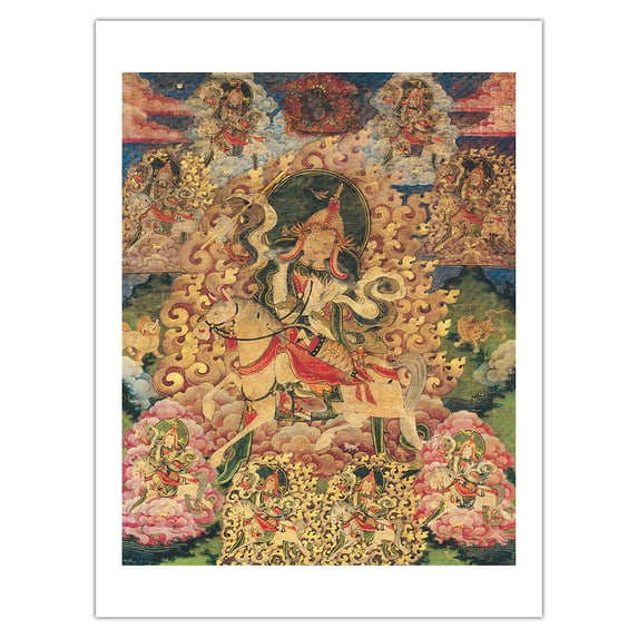 King Gesar The Drala of Zhang Zhung - Tibetan Warrior - Vintage Tibetan Thangka Buddhist Painting c.1800s - Bamboo Fine Art 290gsm Paper Print (Unframed) 24x32in