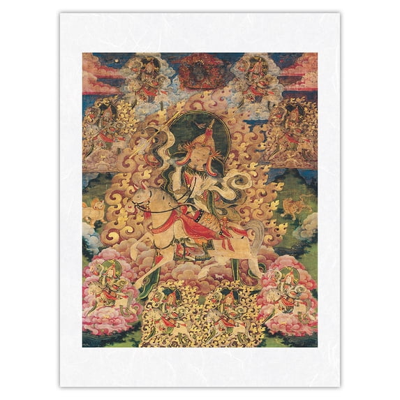 King Gesar The Drala of Zhang Zhung - Tibetan Warrior - Vintage Tibetan Thangka Buddhist Painting c.1800s - Japanese Unryu Rice Paper Art Print (Unframed) 18 x 24 in