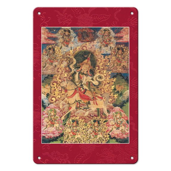 King Gesar The Drala of Zhang Zhung - Tibetan Warrior - Vintage Tibetan Thangka Buddhist Painting c.1800s - 8 x 12 inch Vintage Metal Tin Sign