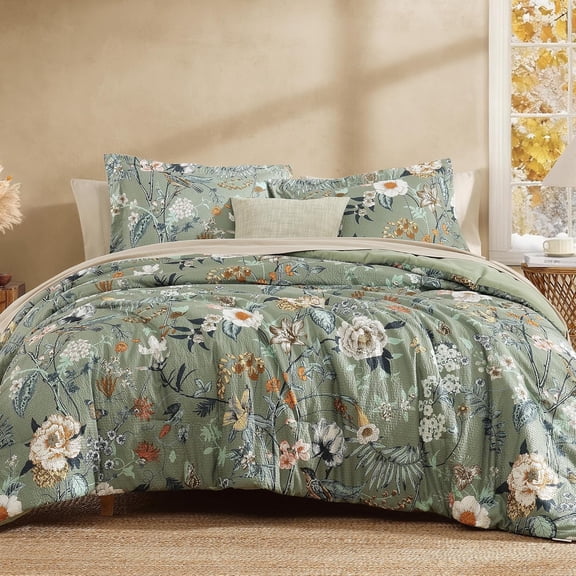 King Green Floral Comforter Set 7 Pieces with Sheets Pillowcases and Shams
