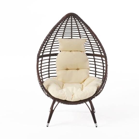 King Indoor Teardrop Wicker Lounge Chair with Water Resistant Cushion, Brown and Beige