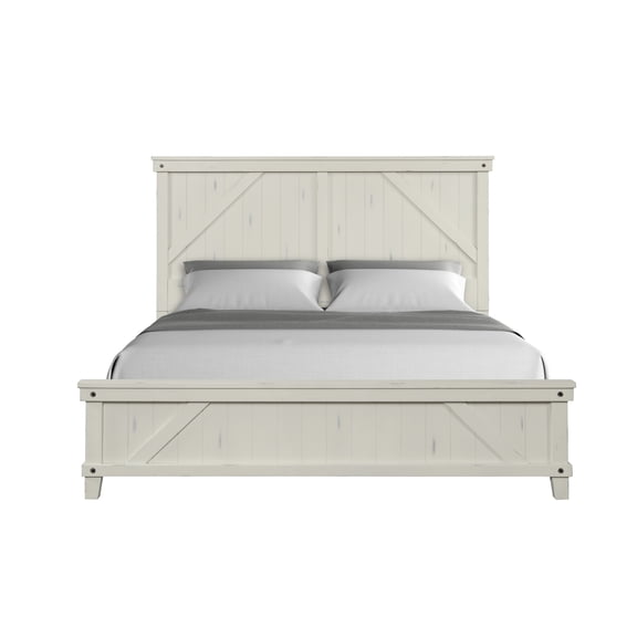 King Industrial Design Bed In White With Burnished Hardware Distressed Look And Components