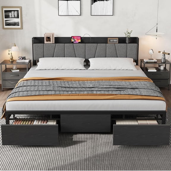 King Industrial Platform Bed Frame with Storage Headboard, 2 Large Drawers, Built-in Charging Station, Heavy Duty Metal Support, No Box Spring Needed, Black