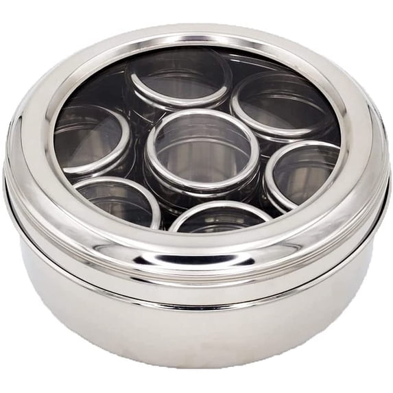 King International Stainless Steel Indian spice box, Indian Masala See Through Spice Shakers, masala box, steel masala dabba, Spice organizer with 7 spice containers size 8 X 8 inches.…