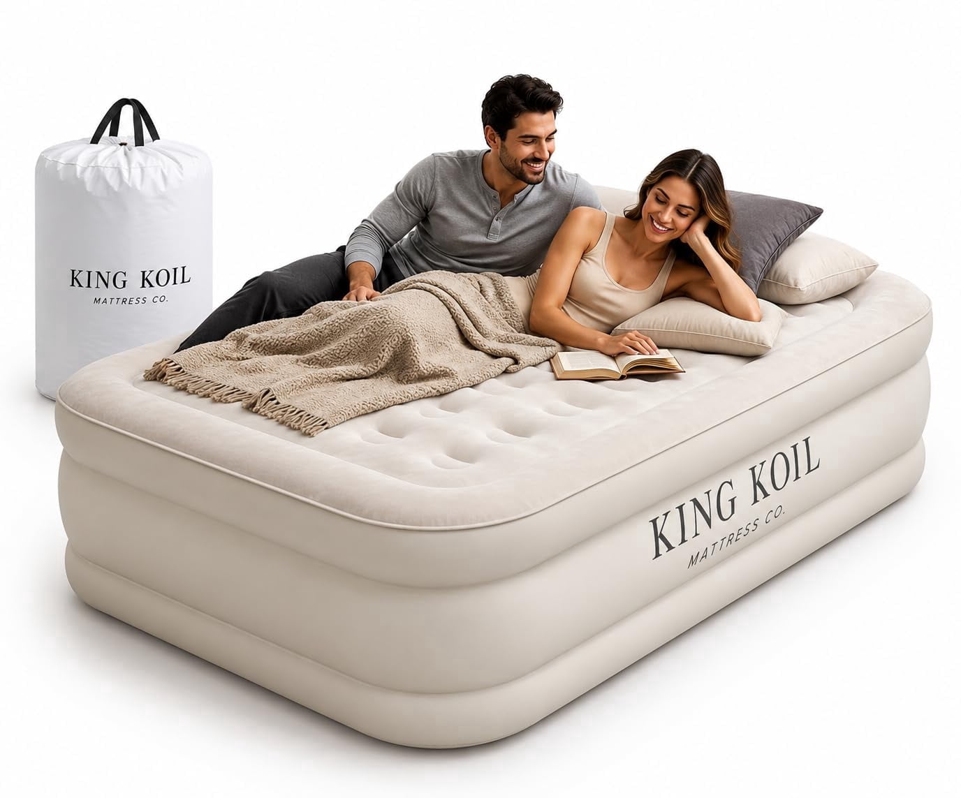 King Koil Luxury Twin Air Mattress with Built-in High-Speed Pump for Home, Guests & Camping - Twin Size Premium Double High Inflatable Blow Up Mattress