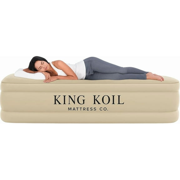 Open Box King Koil Luxury Air Mattress 16in Full Size Beige with Built-in Pump for Home, Camping & Guests-Inflatable Airbed Luxury Double High Adjustable Blow Up Mattress, Durable - Portable and Waterproof