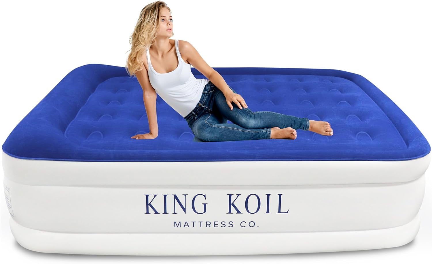 King Koil Luxury Air Mattress 16in Full Size Blue with Builtin Pump