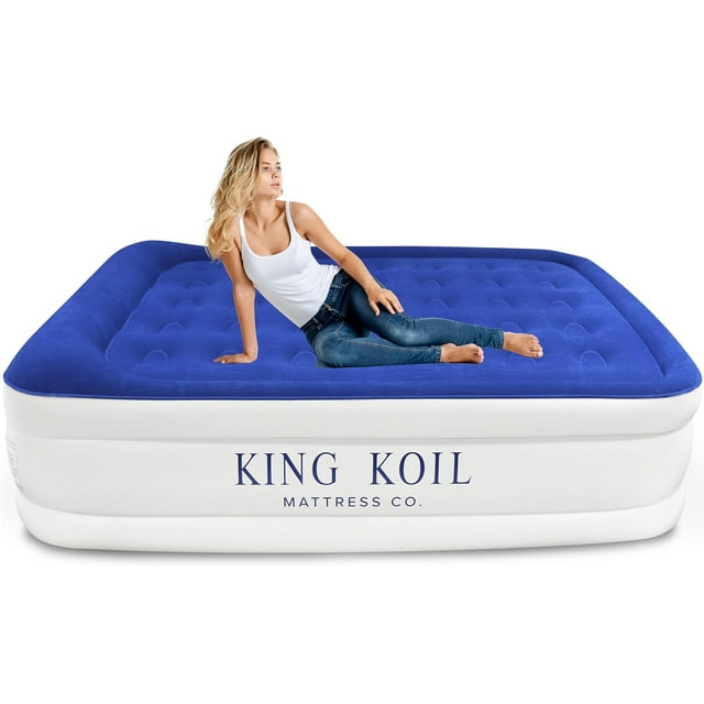 King Koil Luxury Air Mattress 16in Full Size Blue with Builtin Pump