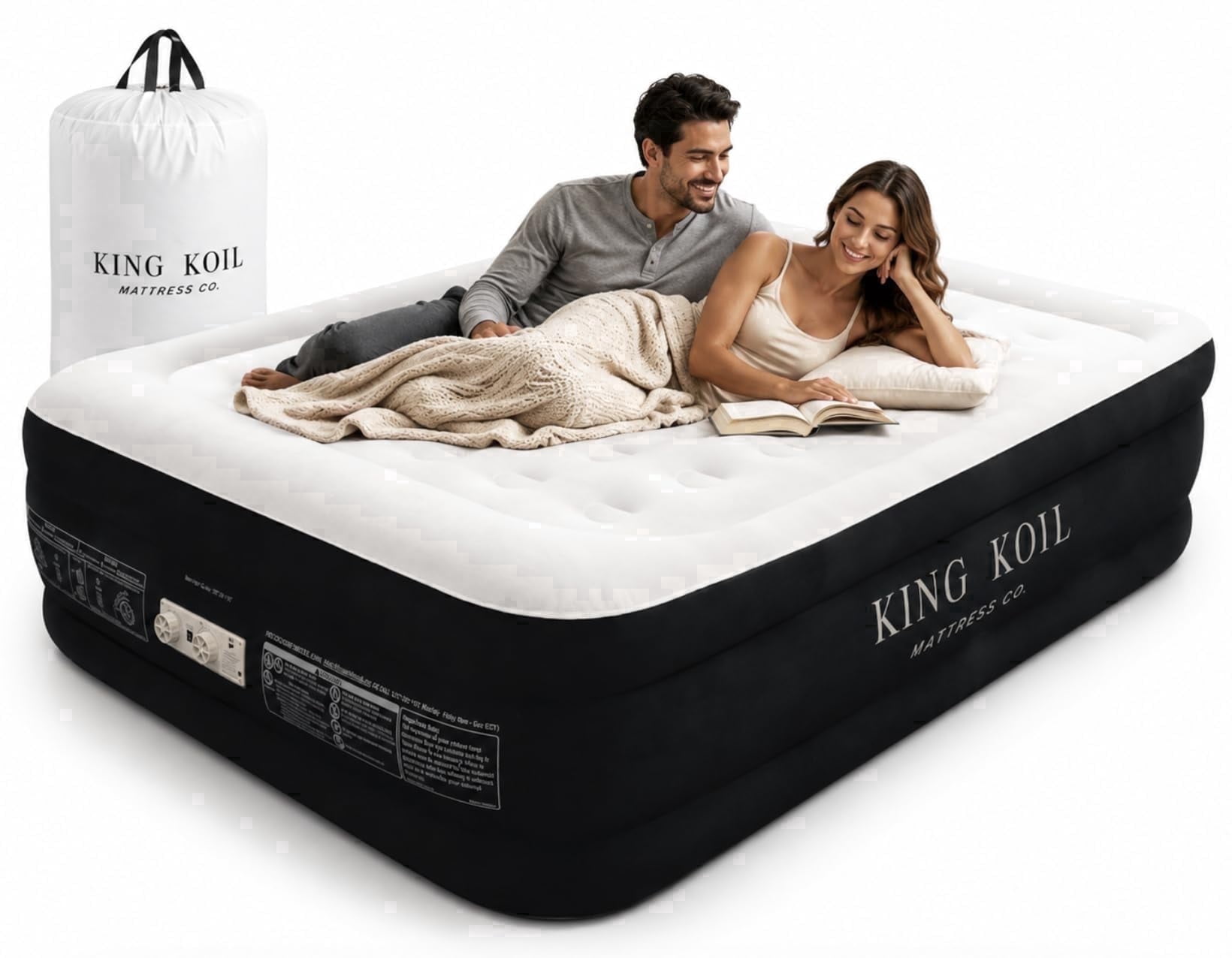 King Koil Queen Air Mattress with Built-in Pump, 13” Inflatable Bed- Premium blow up mattress for home & guests • Inflates in 2 minutes • 650 lb capacity • Patented high-speed pump