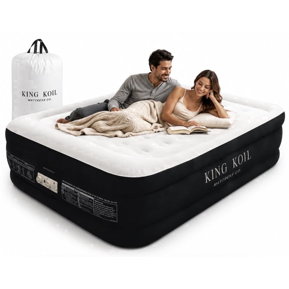 King Koil Queen Air Mattress with Built-in Pump, 13” Inflatable Bed- Premium blow up mattress for home & guests • Inflates in 2 minutes • 650 lb capacity • Patented high-speed pump