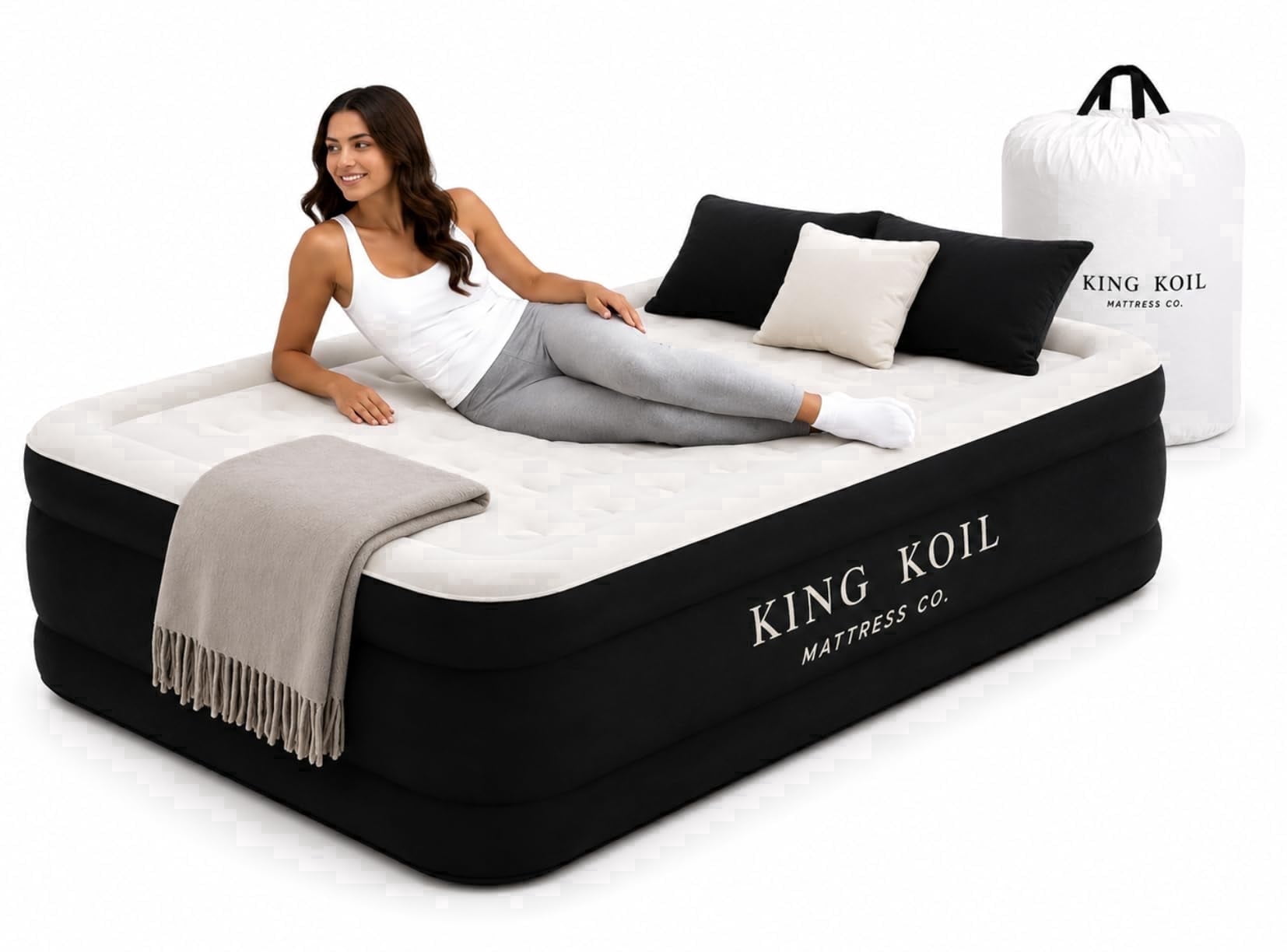 King Koil Twin Air Mattress with Built-in Pump, 13” Inflatable Bed- Premium blow up mattress for home & guests • Inflates in 90 seconds • 350 lb capacity • Patented high-speed pump