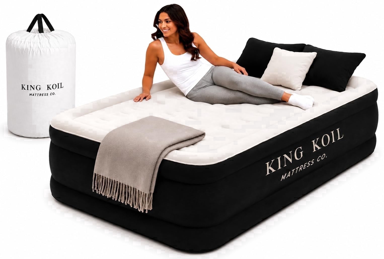 King Koil Twin Air Mattress with Built-in Pump, 20” Raised Inflatable Bed- Luxury blow up mattress for guests & small spaces • Inflates in 90 seconds • 350 lb capacity • Patented high-speed pump