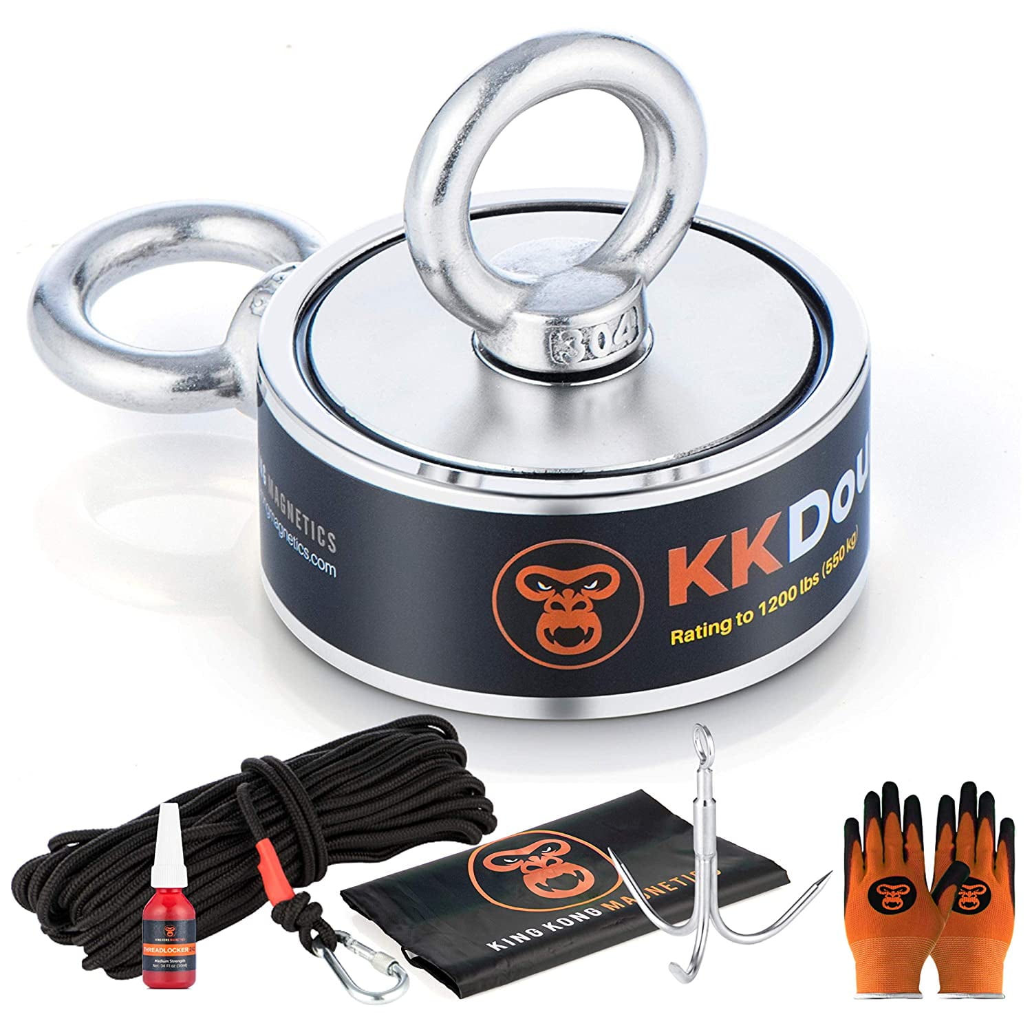 King Kong Magnetics 1200 lbs Pulling Force Magnet Fishing Kit - 3 inch Strong Neodymium Fishing Magnets-Gloves, Nylon Rope, Hook, A Bag, Thread