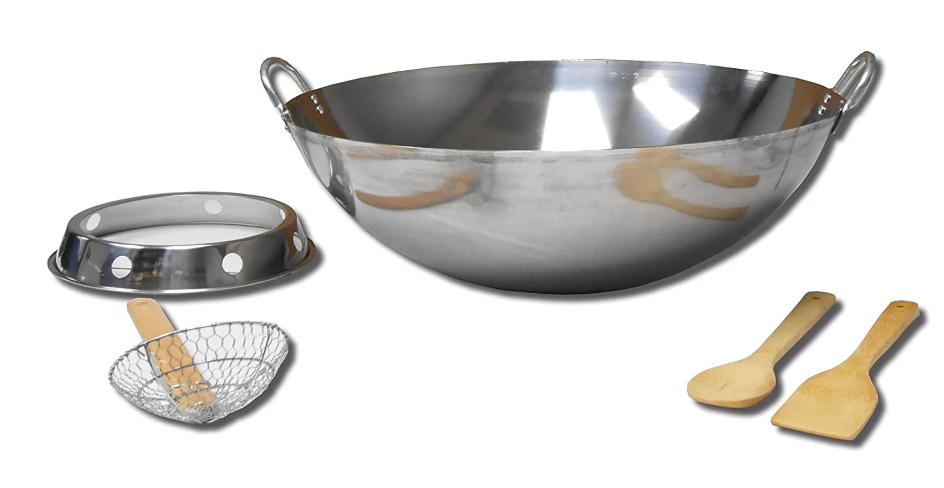 22-Inch Stainless Steel Wok with Wooden Utensils and Ring