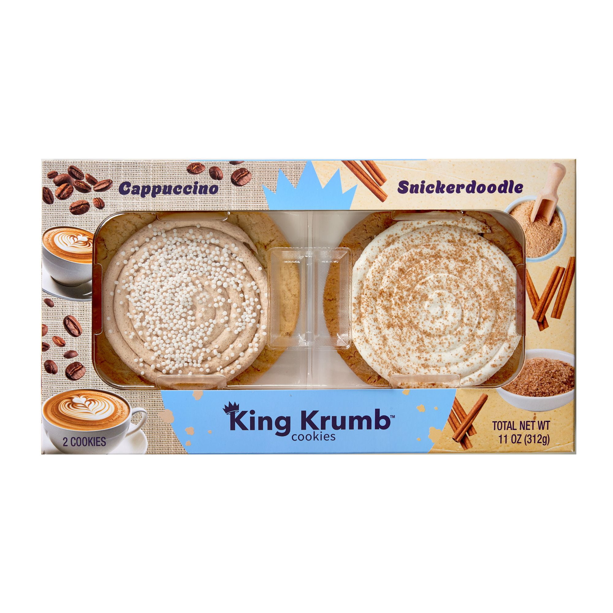 King Krumb Frosted Cappuccino & Snickerdoodle Bakery Cookies, Ready to Eat Soft Baked Gourmet Cookies with Creamy Frosting and Coffee & Cinnamon Sugar Flavors, Naturally Flavored, 11 oz, 2 Count
