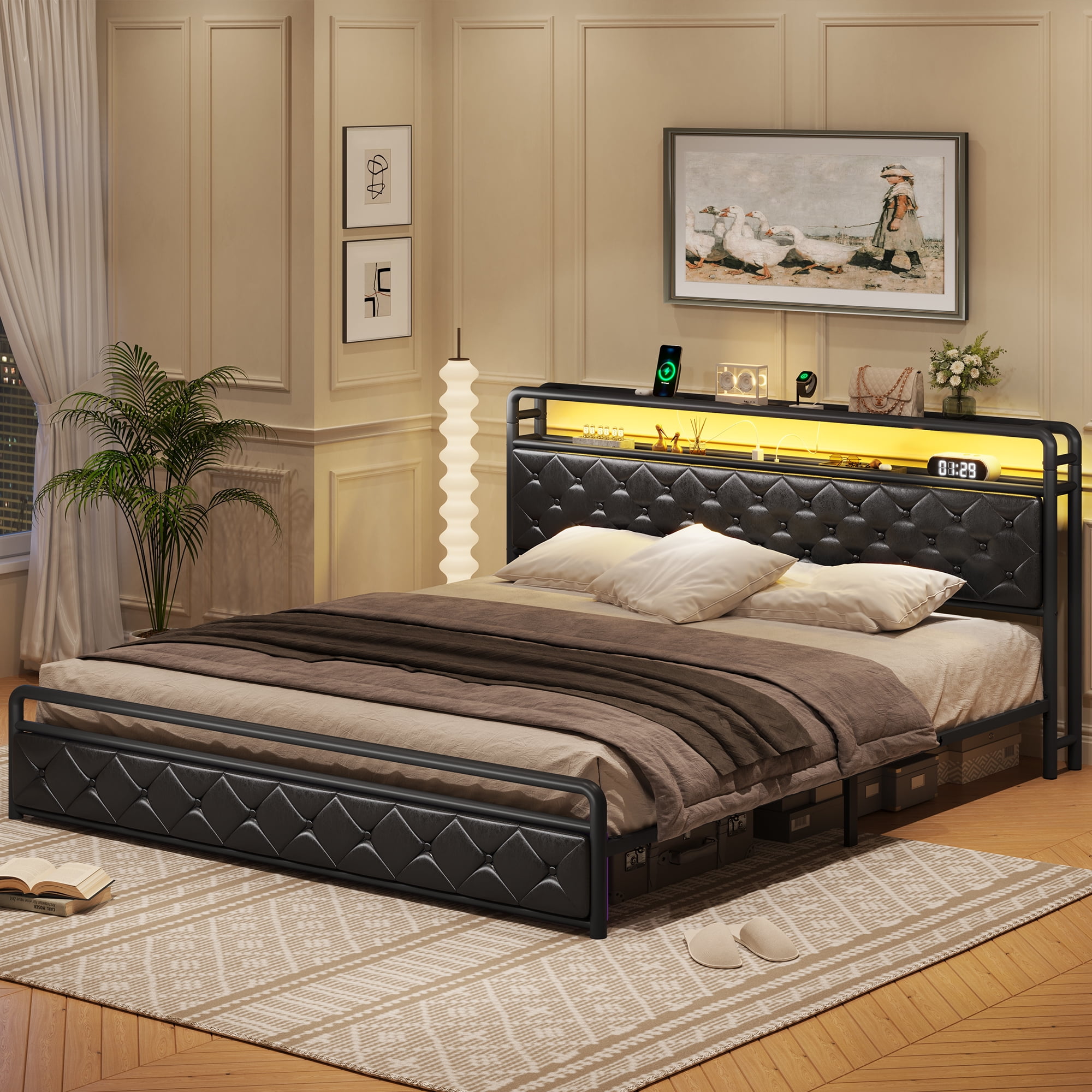 King Size Led Bed Frame With Storage Shelf Headboard Faux Leather Power Outlets Usb Ports King Size Led Bed Frame With Storage Shelf Headboard Faux Leather Power Outlets Usb Ports
