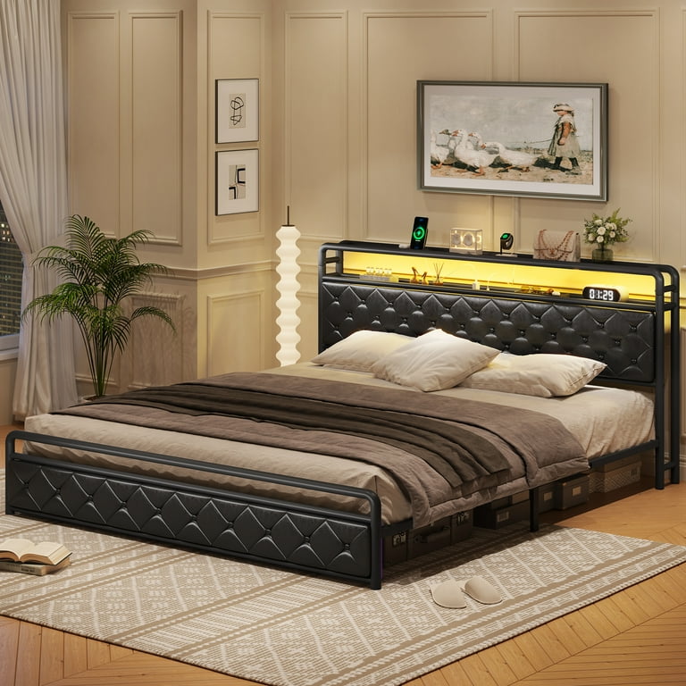 King LED Bed Frame with Storage Headboard Faux Leather King Size Platform Bed Frame with Power Outlets USB Ports Noise Free Black