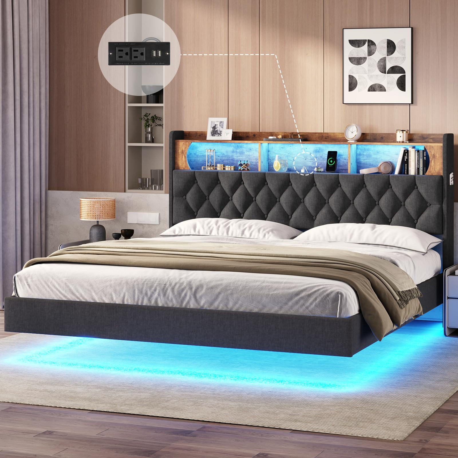 King Dark Grey Upholstered Floating Bed with LED and Storage