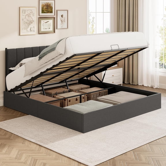 King Lift Up Storage Bed Frame with Linen Headboard, Dark Gray | Hydraulic lift system,Noise-free platform design,Smooth gas lift with an easy-pull handle,Vertical channel linen headboard