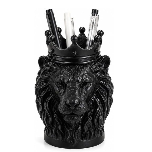 King Lion Pen Holder with Crown, Unique Lion Head Desk Organizer, Resin Animal Shaped, Decorative Animal Shaped Pencil Cup for Office and Home