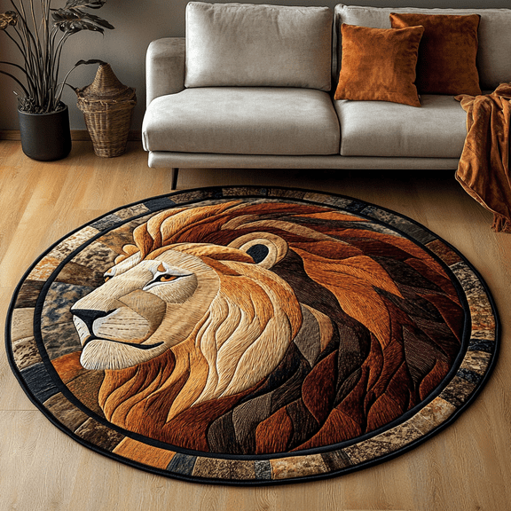 King Lion Quilted Round Mat, 3D Optical Illusion Lion Rug, Majestic King Lion Floor Mat, Safari Wildlife Decor, Indoor Outdoor Area Rug