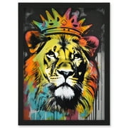 King Lion wearing Crown Modern Stencil Graffiti Artwork Framed Wall Art Print A4