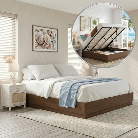 King Luxury Lift up Storage Headboard-Free Platform Bed with Recessed Plinth Base,Sturdy Metal Frame,No Box Spring Needed,Easy Assembly,Walnut Brown