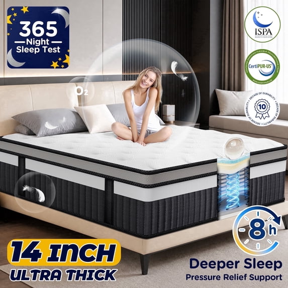 14 Inch King Mattress, Hybrid King Size Mattress in a Box, Cooling Memory Foam & Pocket Coils, Medium Firm Support, Motion Isolation for Undisturbed Sleep, CertiPUR-US Certified