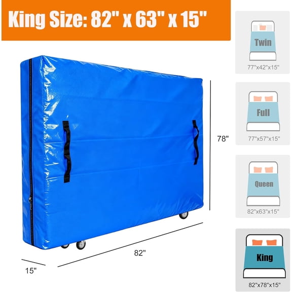 King Mattress Bag for Moving with Wheels, Heavy-Duty Waterproof Mattress Cover for Transport, with Reinforced Handles, Zipper Closure (for King Size Mattress 76" x 80")