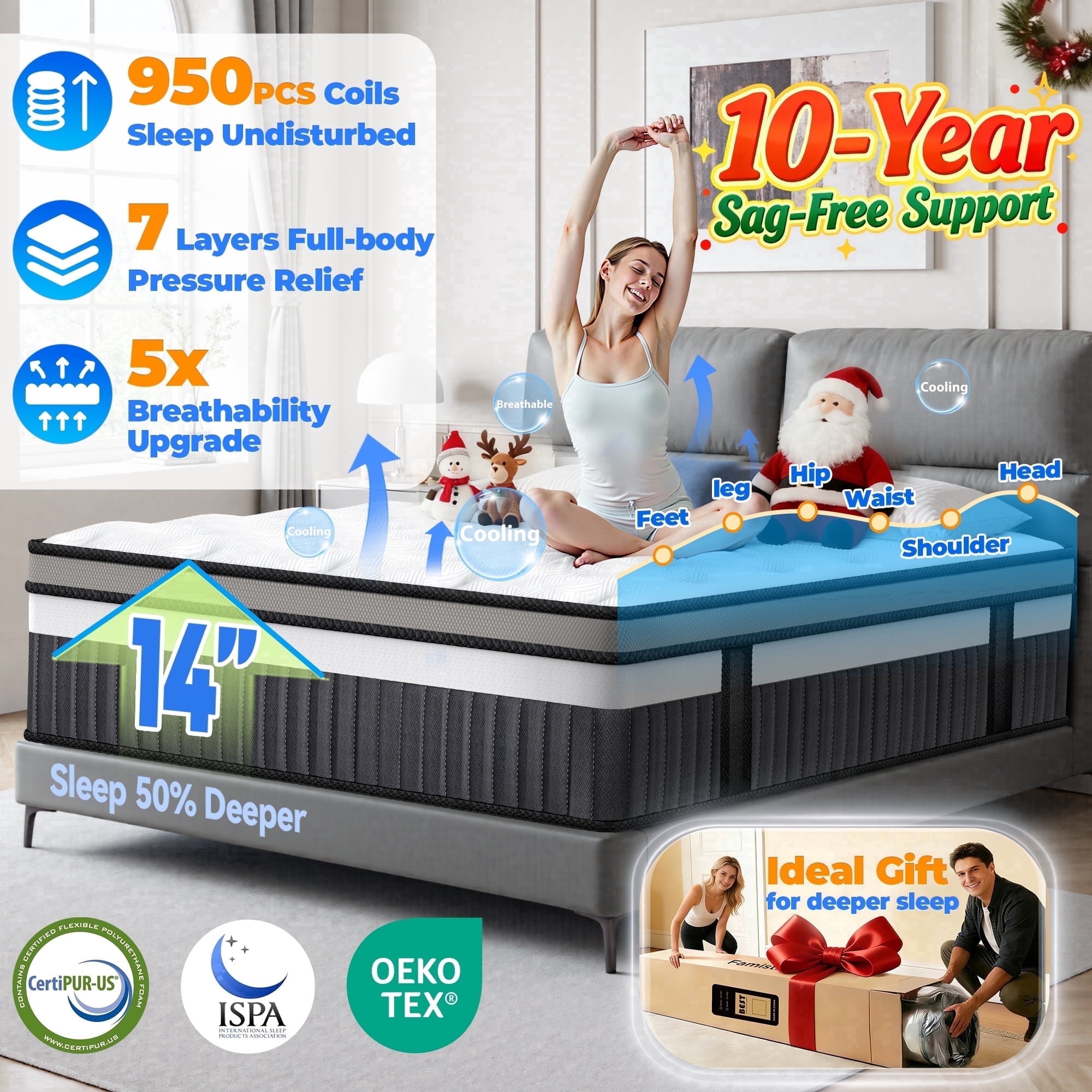 King Mattress, 14 Inch Memory Foam Mattress King Size, Innerspring Hybrid King Bed Mattress in a Box Medium Firm with Motion Isolation & Strong Support & Pressure Relief, CertiPUR-US
