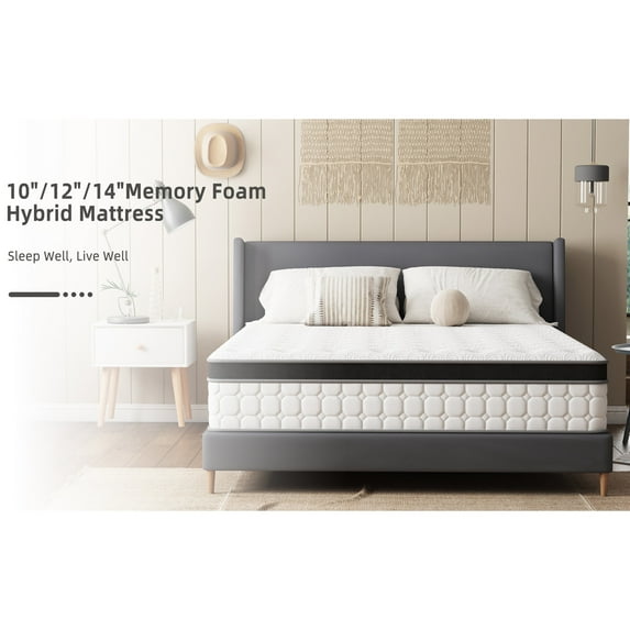 King Mattress, GRAINSRICE 14 inch Hybrid Gel Memory Foam with Individually Wrapped Pocket Coils, Pressure Relief for Adult