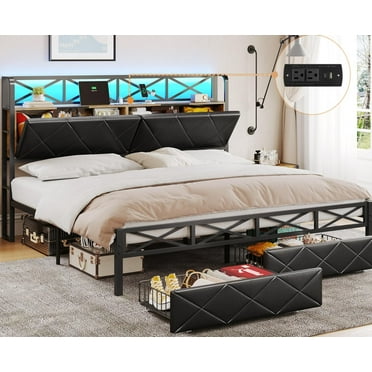 King Metal Bed Frame with Headboard&Charging Station&Led Lights, Faux Leather King Upholstered Platform Bed Frame with Storage Drawers, No Box Spring Needed, Black