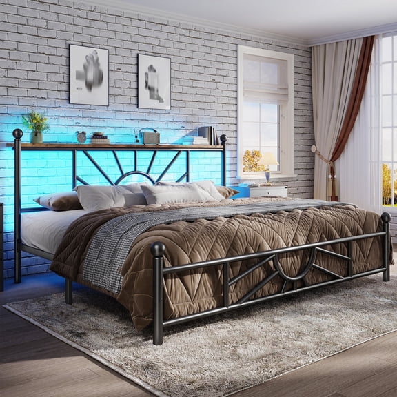 King Metal Bed Frame with LED Light,Headboard & Footboard,Under Bed Storage,Noise-Free Design,Easy Assembly,No Box Spring Needed, Black